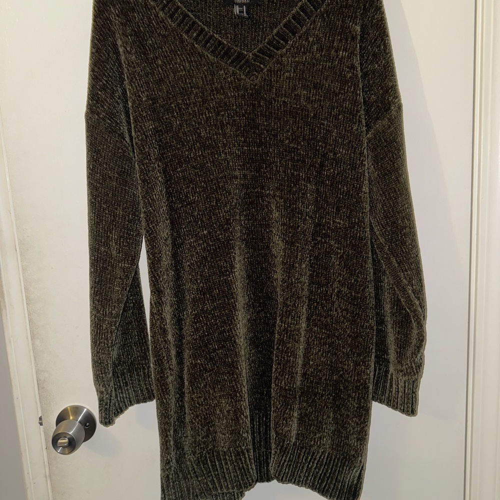 Olive Green V-Neck Women's Sweater Dress
